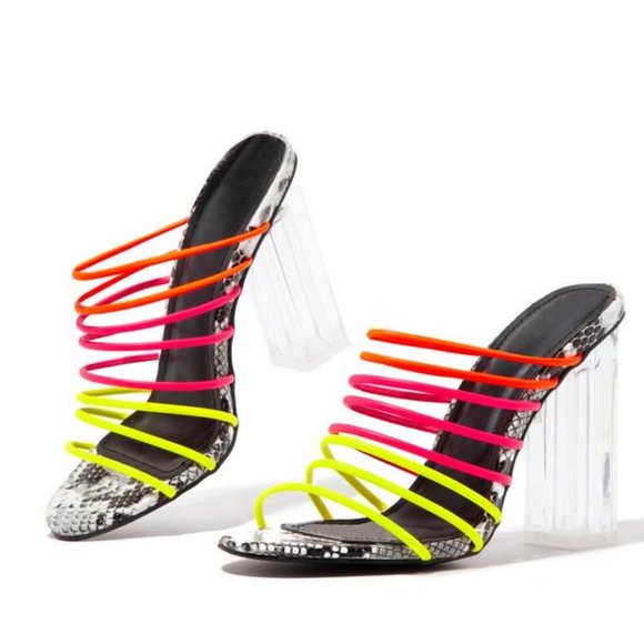 NEW Cape Robbin Neon Strappy Clear Mule Heels - Picture 4 of 10
